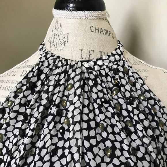 DVF Halter Neck Silk Print Blouse Top Shirt Womens Small Black White Beaded Gems - Picture 8 of 14